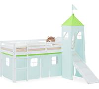 Lit superposé 90x200 cm avec Toboggan Lit mezzanine en Bois Pin Massif Lit d'enfant Cadre de Lit Rideau Tour Vert