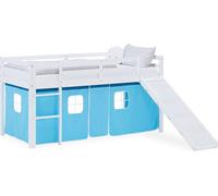Lit superposé 90x200 cm avec Toboggan Lit mezzanine en Bois Pin Massif Lit d'enfant Cadre de Lit Rideau Bleu