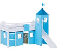 Lit superposé 90x200 cm avec Toboggan Lit mezzanine en Bois Pin Massif Lit d'enfant Cadre de Lit Rideau Tour Bleu