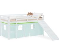 Lit superposé 90x200 cm avec Toboggan Lit mezzanine en Bois Pin Massif Lit d'enfant Cadre de Lit Rideau Vert