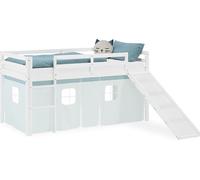 Lit superposé 90x200 cm avec Toboggan Lit mezzanine en Bois Pin Massif Lit d'enfant Cadre de Lit Rideau Vert