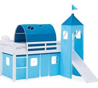 Lit superposé 90x200 cm avec Toboggan Lit mezzanine en Bois Pin Massif Lit d'enfant Cadre de Lit Rideau Tour Tunnel Bleu
