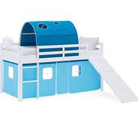 Lit superposé 90x200 cm avec Toboggan Lit mezzanine en Bois Pin Massif Lit d'enfant Cadre de Lit Rideau Tunnel Bleu