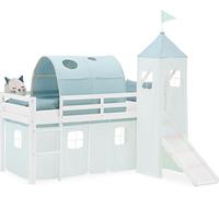 Lit superposé 90x200 cm avec Toboggan Lit mezzanine en Bois Pin Massif Lit d'enfant Cadre de Lit Rideau Tour Tunnel Vert