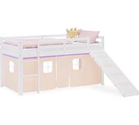 Lit superposé 90x200 cm avec Toboggan Lit mezzanine en Bois Pin Massif Lit d'enfant Cadre de Lit Rideau Violet Pêche