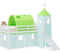 Lit superposé 90x200 cm avec Toboggan Lit mezzanine en Bois Pin Massif Lit d'enfant Cadre de Lit Rideau Tour Tunnel Vert