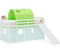 Lit superposé 90x200 cm avec Toboggan Lit mezzanine en Bois Pin Massif Lit d'enfant Cadre de Lit Rideau Tunnel Vert