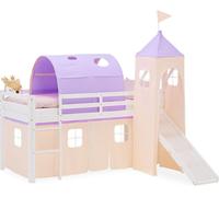 Lit superposé 90x200 cm avec Toboggan Lit mezzanine en Bois Pin Massif Lit d'enfant Rideau Tour Tunnel Violet Pêche