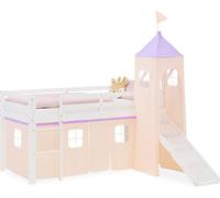 Lit superposé 90x200 cm avec Toboggan Lit mezzanine en Bois Pin Massif Lit d'enfant Rideau Tour Violet Pêche