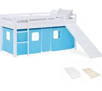Lit superposé 90x200 cm avec Toboggan Matelas Lit mezzanine en Bois Pin Massif Lit d'enfant Rideau Bleu Sommier
