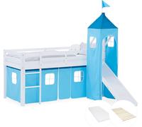 Lit superposé 90x200 cm avec Toboggan Matelas Lit mezzanine en Bois Pin Massif Lit d'enfant Rideau Tour Bleu
