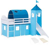 Lit superposé 90x200 cm avec Toboggan Matelas Lit mezzanine en Bois Pin Massif Lit d'enfant Rideau Tour Tunnel Bleu