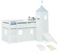 Lit superposé 90x200 cm avec Toboggan Matelas Lit mezzanine en Bois Pin Massif Lit d'enfant Rideau Tour Vert