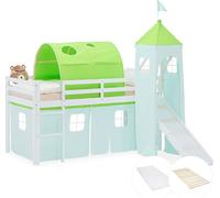 Lit superposé 90x200 cm avec Toboggan Matelas Lit mezzanine en Bois Pin Massif Lit d'enfant Rideau Tour Tunnel Vert