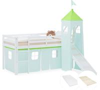 Lit superposé 90x200 cm avec Toboggan Matelas Lit mezzanine en Bois Pin Massif Lit d'enfant Rideau Tour Vert