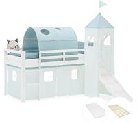 Lit superposé 90x200 cm avec Toboggan Matelas Lit mezzanine en Bois Pin Massif Lit d'enfant Rideau Tour Tunnel Vert
