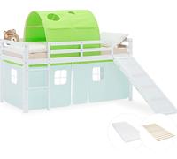 Lit superposé 90x200 cm avec Toboggan Matelas Lit mezzanine en Bois Pin Massif Lit d'enfant Rideau Tunnel Vert Sommier