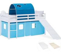 Lit superposé 90x200 cm avec Toboggan Matelas Lit mezzanine en Bois Pin Massif Lit d'enfant Rideau Tunnel Bleu Sommier