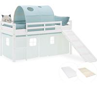 Lit superposé 90x200 cm avec Toboggan Matelas Lit mezzanine en Bois Pin Massif Lit d'enfant Rideau Tunnel Vert Sommier