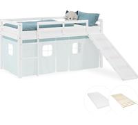 Lit superposé 90x200 cm avec Toboggan Matelas Lit mezzanine en Bois Pin Massif Lit d'enfant Rideau Vert Sommier