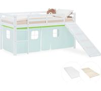 Lit superposé 90x200 cm avec Toboggan Matelas Lit mezzanine en Bois Pin Massif Lit d'enfant Rideau Vert Sommier