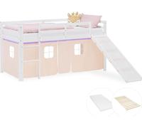 Lit superposé 90x200 cm avec Toboggan Matelas Lit mezzanine en Bois Pin Massif Lit d'enfant Rideau Violet Pêche