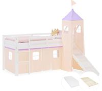 Lit superposé 90x200 cm avec Toboggan Mattress Lit mezzanine en Bois Pin Massif Lit d'enfant Rideau Tour Violet Pêche