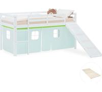 Lit superposé 90x200 cm avec Toboggan Sommier Lit mezzanine en Bois Pin Massif Lit d'enfant Cadre de Lit Rideau Vert