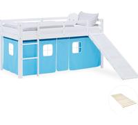 Lit superposé 90x200 cm avec Toboggan Sommier Lit mezzanine en Bois Pin Massif Lit d'enfant Cadre de Lit Rideau Bleu