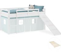 Lit superposé 90x200 cm avec Toboggan Sommier Lit mezzanine en Bois Pin Massif Lit d'enfant Cadre de Lit Rideau Vert