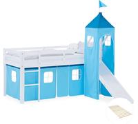 Lit superposé 90x200 cm avec Toboggan Sommier Lit mezzanine en Bois Pin Massif Lit d'enfant Rideau Tour Bleu