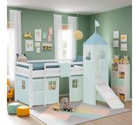 Lit superposé 90x200 cm avec Toboggan Sommier Lit mezzanine en Bois Pin Massif Lit d'enfant Rideau Tour Vert