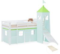 Lit superposé 90x200 cm avec Toboggan Sommier Lit mezzanine en Bois Pin Massif Lit d'enfant Rideau Tour Vert