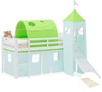 Lit superposé 90x200 cm avec Toboggan Sommier Lit mezzanine en Bois Pin Massif Lit d'enfant Rideau Tour Tunnel Vert