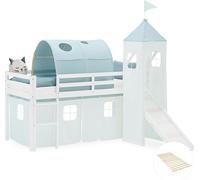 Lit superposé 90x200 cm avec Toboggan Sommier Lit mezzanine en Bois Pin Massif Lit d'enfant Rideau Tour Tunnel Vert