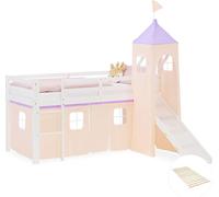 Lit superposé 90x200 cm avec Toboggan Sommier Lit mezzanine en Bois Pin Massif Lit d'enfant Rideau Tour Violet Pêche