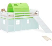 Lit superposé 90x200 cm avec Toboggan Sommier Lit mezzanine en Bois Pin Massif Lit d'enfant Rideau Tunnel Vert