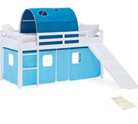 Lit superposé 90x200 cm avec Toboggan Sommier Lit mezzanine en Bois Pin Massif Lit d'enfant Rideau Tunnel Bleu