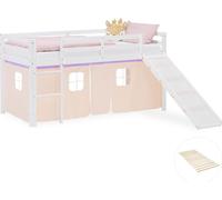 Lit superposé 90x200 cm avec Toboggan Sommier Lit mezzanine en Bois Pin Massif Lit d'enfant Rideau Violet Pêche