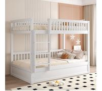 Lit superposé 90x200 cm en bois blanc avec coffre hydraulique, marches de sécurité - pour enfants
