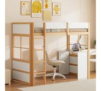 Lit superposé 90x200 cm, lit à la française avec échelle de sécurité et bureau, lit pour enfant avec barrière de sécurité et sommier à lattes, design imitant une clôture, lit simple pour adolescent, s