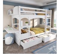 Lit superposé 90x200 cm Lit double Lit enfant en bois massif avec bureau pliable 2 tiroirs et sommier à lattes - blanc