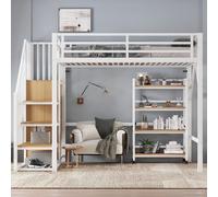 Lit superposé 90x200 cm, lit en métal avec armoire, tringle à vêtements et étagère, lit stable pour enfants et adolescents avec sommier à lattes, blanc et naturel, sans matelas. (Optimisation des cin