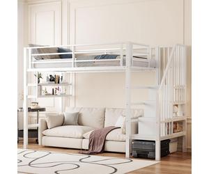 Lit superposé 90x200 cm, lit en métal avec espace de rangement, lit pour enfant. Structure en fer de haute qualité avec étagères en MDF. Silencieux et stable. Ensemble complet avec barrière de sécurit