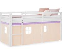 Lit superposé 90x200 cm Lit mezzanine en Bois Pin Massif Lit d'enfant Cadre de Lit Rideau Violet Pêche