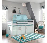 Lit superposé 90x200 cm Lit mezzanine en Bois Pin Massif Lit d'enfant Cadre de Lit Tunnel Rideau Vert