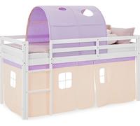 Lit superposé 90x200 cm Lit mezzanine en Bois Pin Massif Lit d'enfant Cadre de Lit Tunnel Rideau Violet Pêche