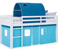 Lit superposé 90x200 cm Lit mezzanine en Bois Pin Massif Lit d'enfant Rideau Tunnel Bleu