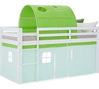 Lit superposé 90x200 cm Lit mezzanine en Bois Pin Massif Rideau Tunnel Vert Lit d'enfant