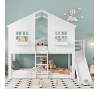 Lit superposé 90x200 cm, lit pour enfant avec toboggan, lit à étage pour enfant avec toit et fenêtre, équipé d'une barrière de sécurité, échelle à trois marches, en pin et MDF, sans matelas, couleur b